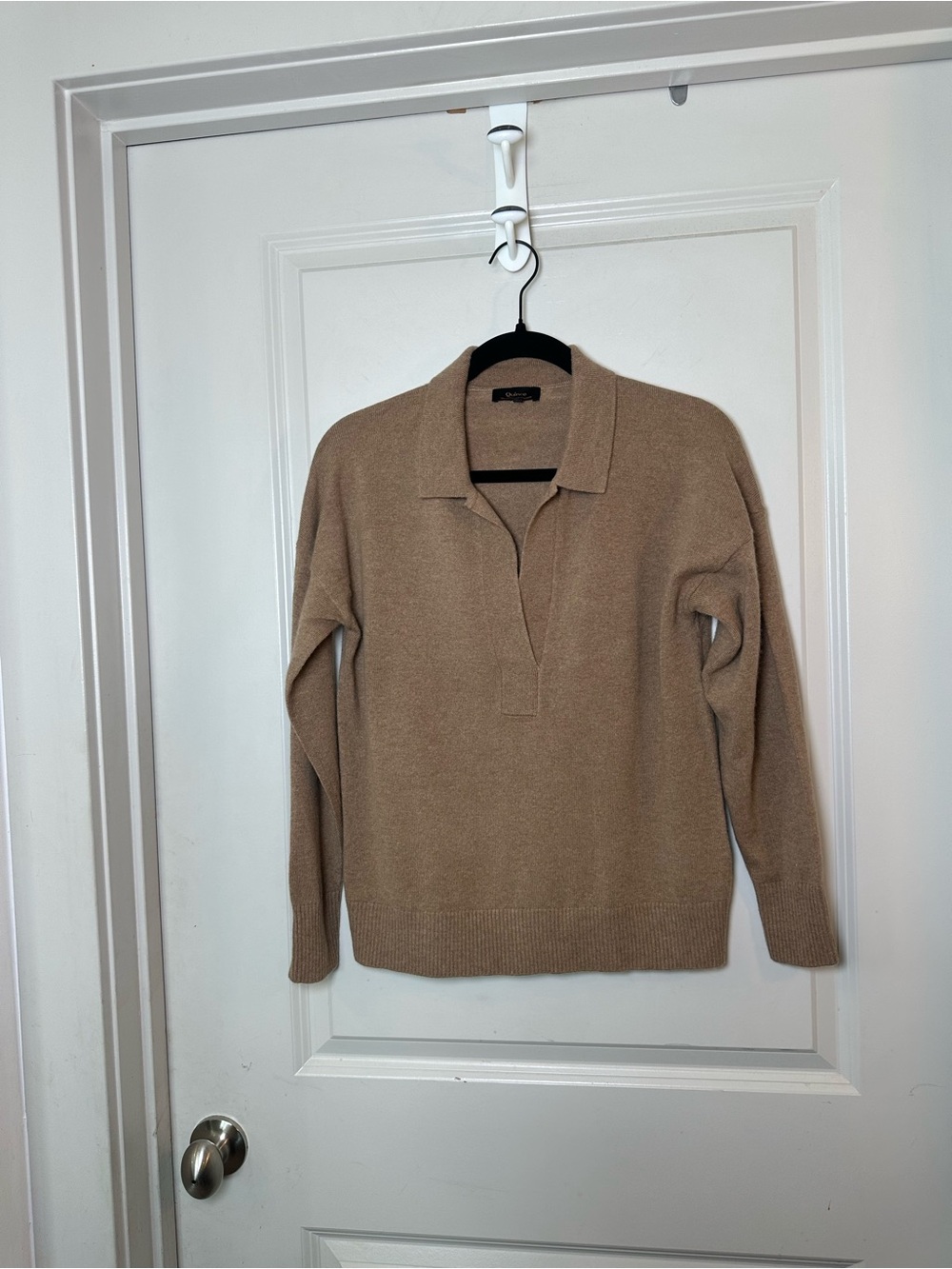 QUINCE Mongolian Cashmere Polo Sweater Solid Tan Camel Pullover Knit Large - Picture 10 of 10
